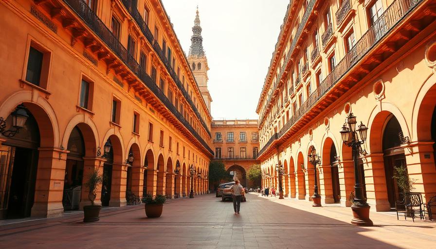 Sunlit Spanish plaza with warm terracotta architecture