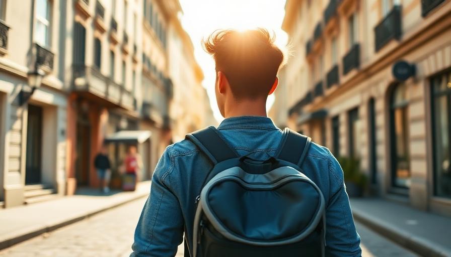 Traveller with backpack walking through a sunlit European street